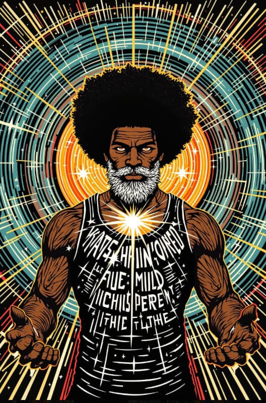 Muscular Bearded Man Afro Graphic Text Tank Top Radiant Illustration