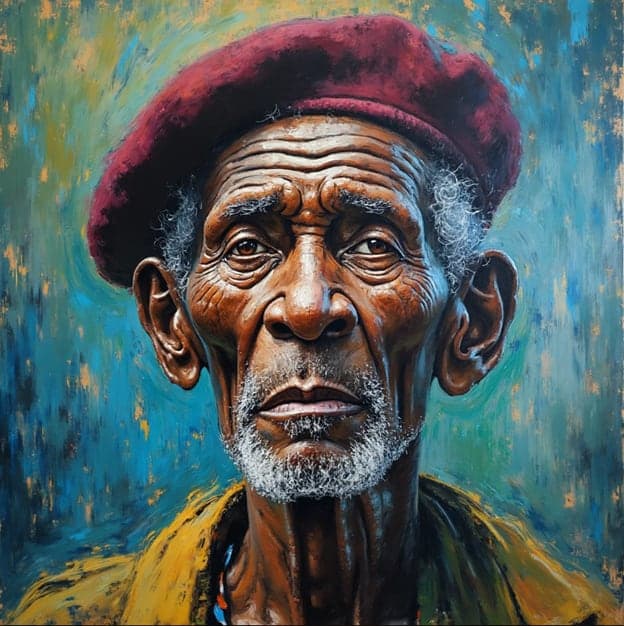 Elder Man Maroon Beret Teal Background Portrait Painting