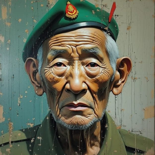 Elder Veteran Man Green Beret Badge Weathered Wall Portrait Painting