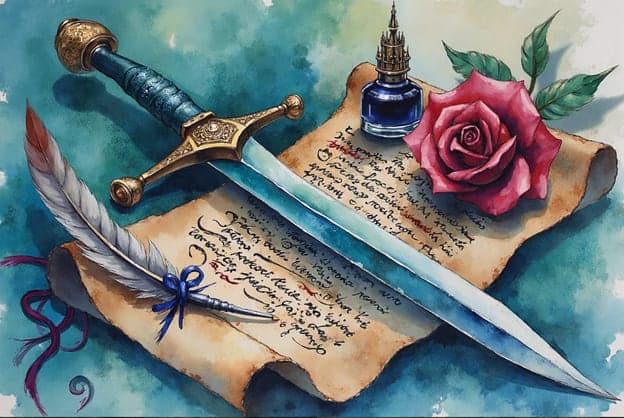 Watercolor Dagger Quill Ink Rose Scroll