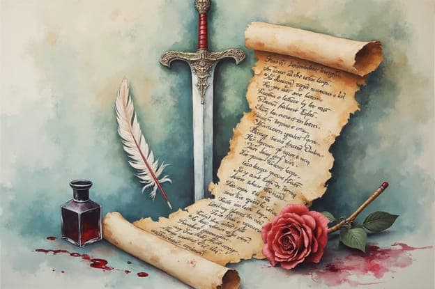 Watercolor Sword Quill Ink Scroll Rose