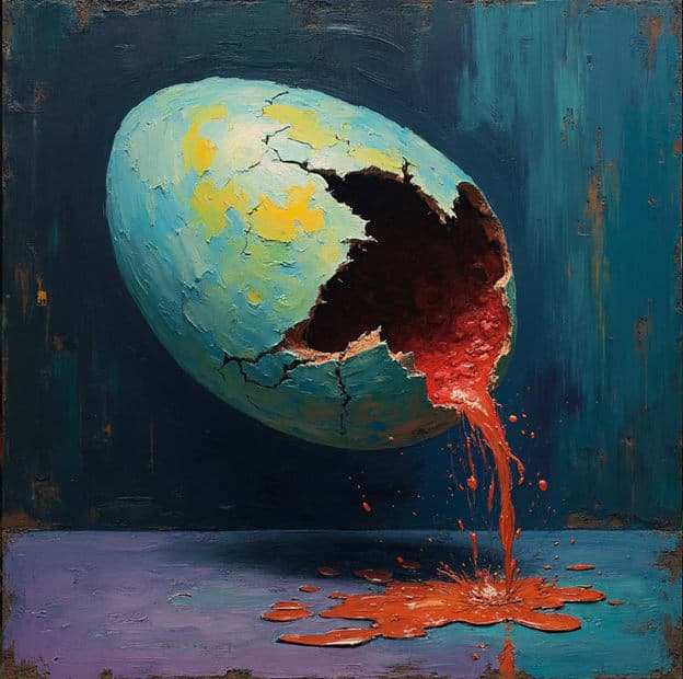 Cracked Egg Bleeding Red Teal Surreal