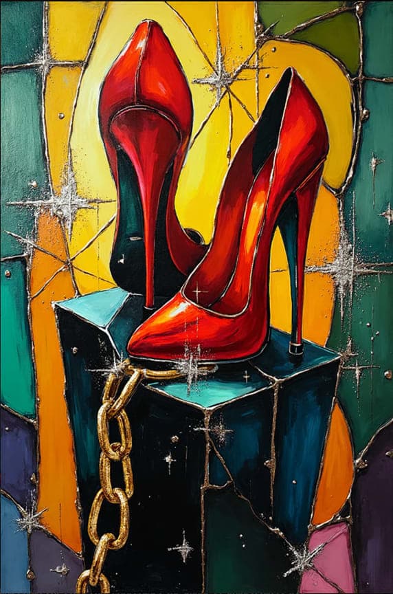 Red Heels Pedestal Gold Chain Stained Glass