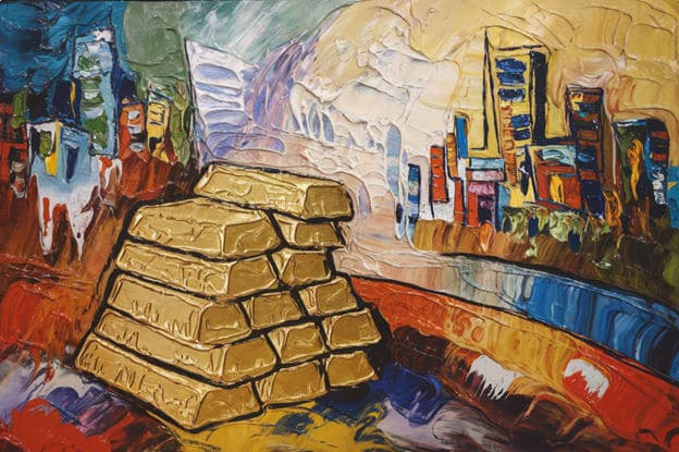 Stacked Gold Bars Cityscape Impasto