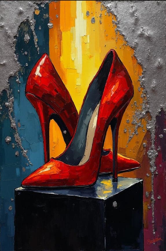 Red Heels Black Pedestal Gold Splatter
