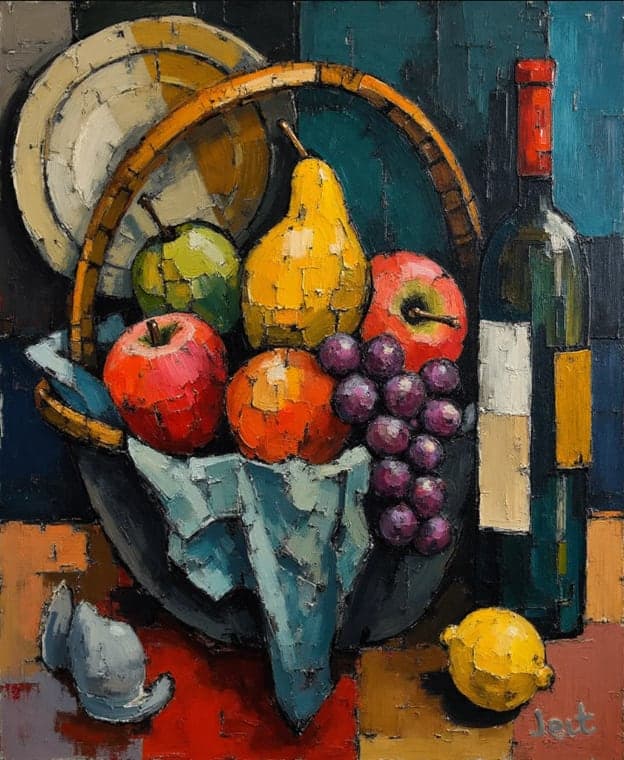 Fruit Basket Plates Wine Bottle Still Life