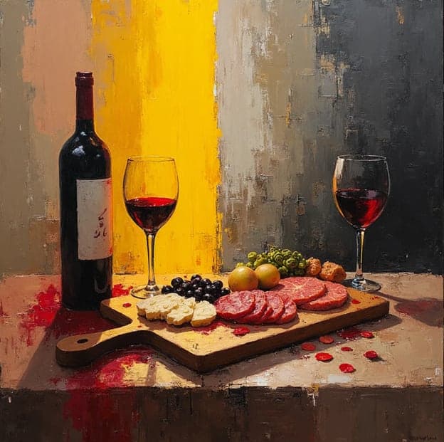 Wine Bottle Two Glasses Charcuterie Red Splatter