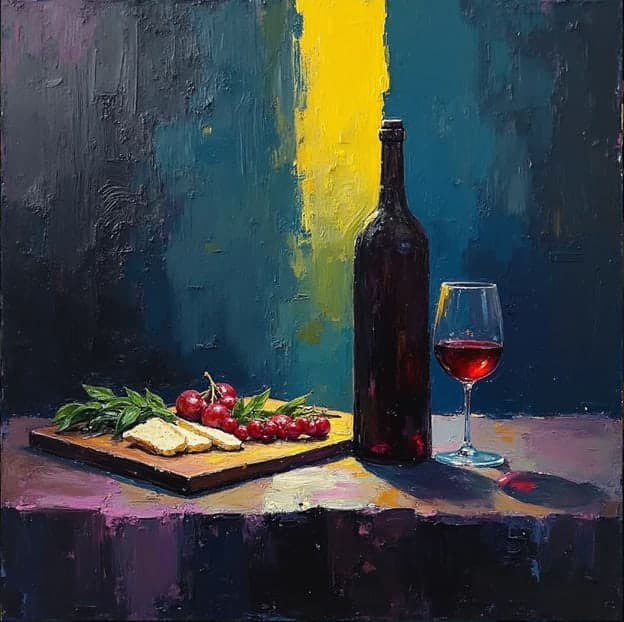 Wine Bottle Glass Bread Cherries Teal Yellow