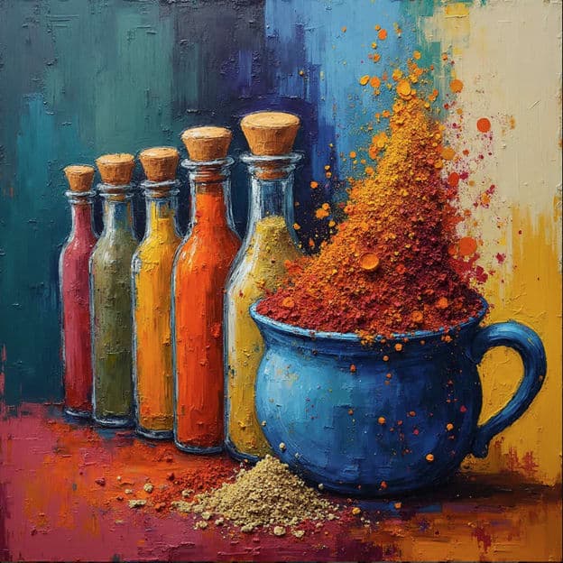 Spice Bottles Blue Mug Orange Spice Pile