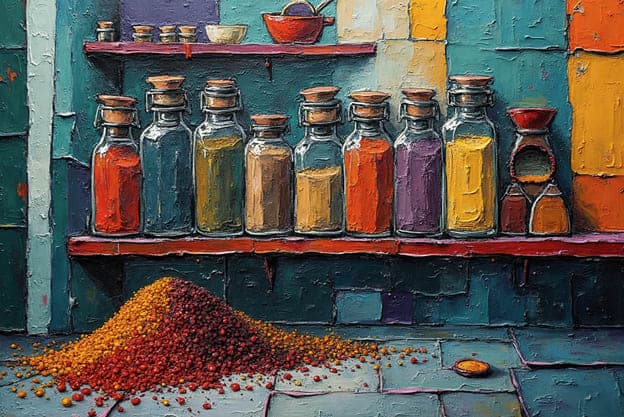 Spice Bottles Shelf Jars Spilled Powder