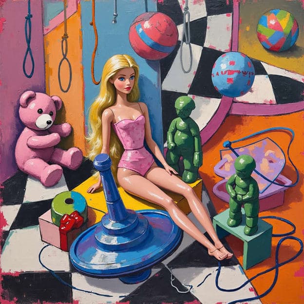 Blonde Doll Toys Teddy Bear Checkered Pop Art