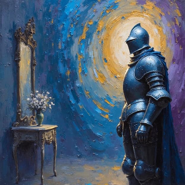 Blue Knight Armor Golden Vortex Vanity Mirror