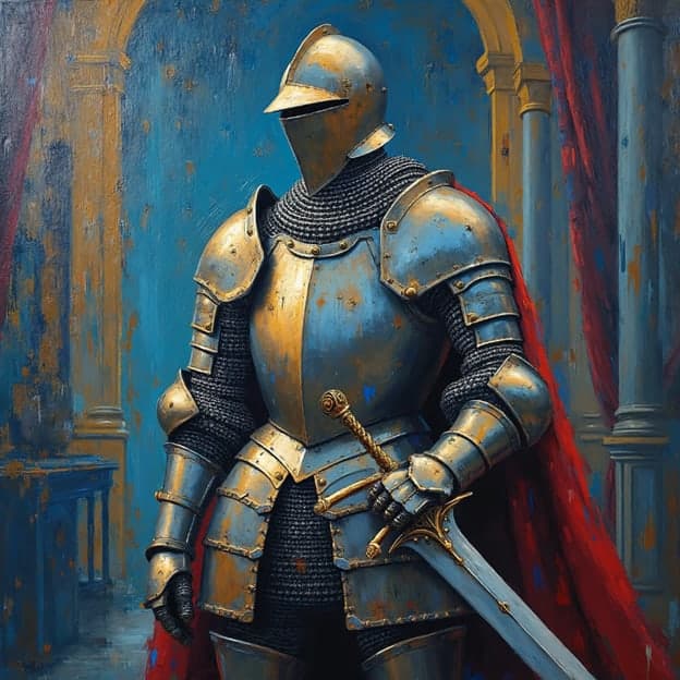 Knight Armor Sword Red Cape Arched Interior