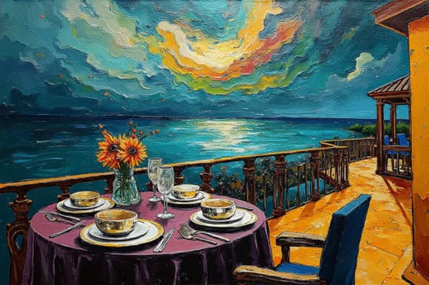 Balcony Table Sunflowers Ocean View