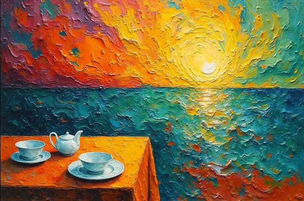 Sunset Teapot Teacups Ocean Table Corner