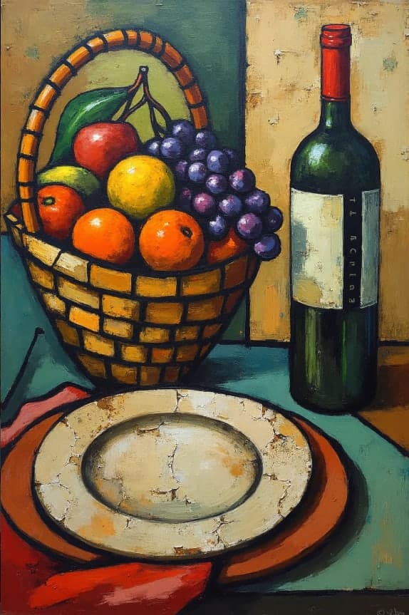Cubist Fruit Basket Wine Bottle Cracked Plate