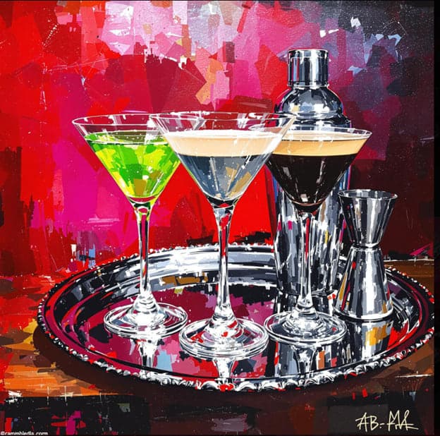 Three Cocktails Shaker Jigger Red Background