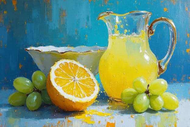 Orange Grapes Glass Pitcher Blue Background