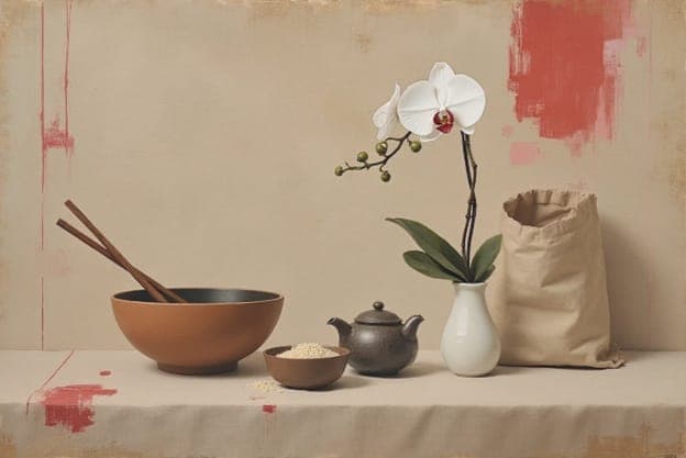 Bowl Chopsticks Rice Teapot Orchid Paper Bag