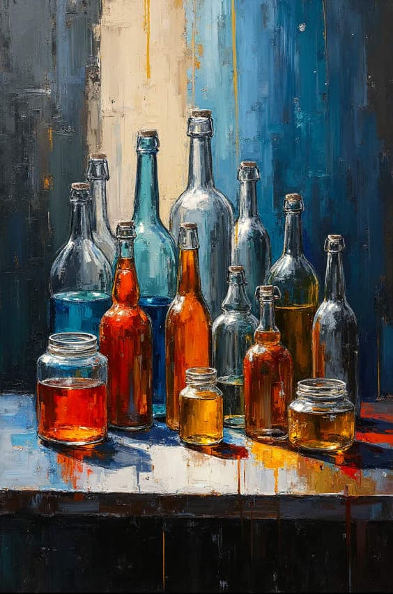 Glass Bottles Jars Colorful Liquids Blue