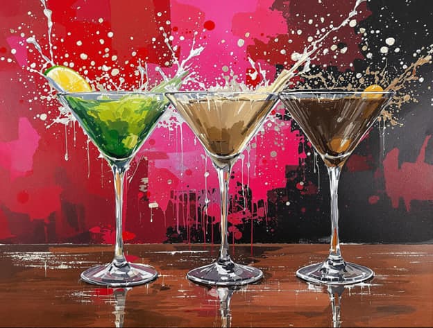 Three Martinis Splash Pink Black Background