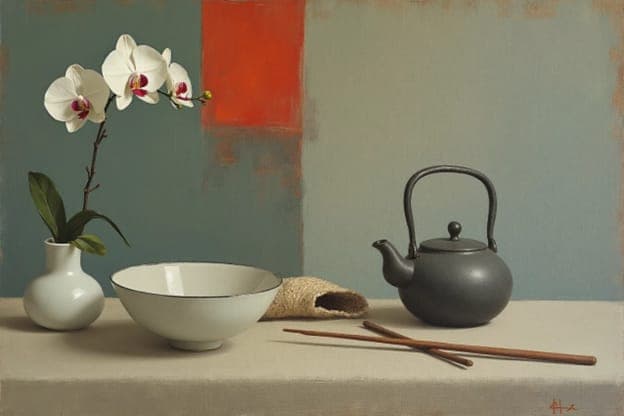 Orchid Vase Bowl Teapot Chopsticks Sage Orange