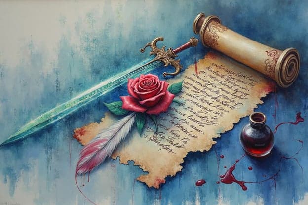 Sword Rose Quill Scroll Ink Blue Watercolor