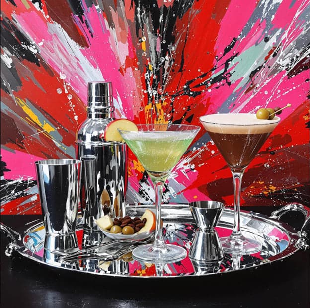 Two Martinis Shaker Jigger Olives Splatter