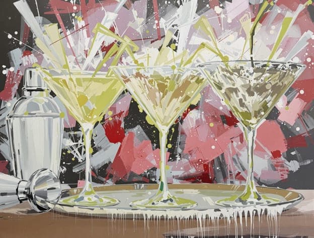 Three Martinis Shaker Jigger Abstract Splatter