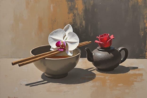Bowl Orchid Chopsticks Teapot Rose Tan