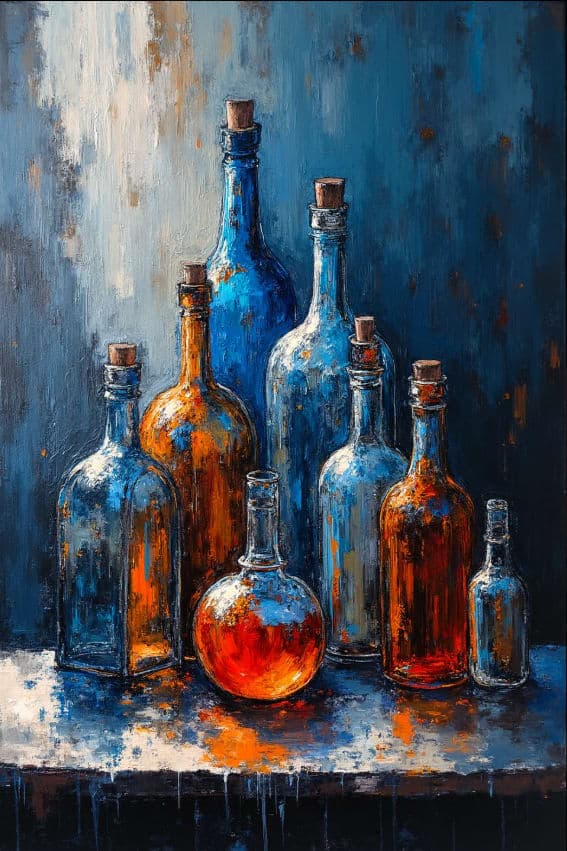 Colored Glass Bottles Blue Background
