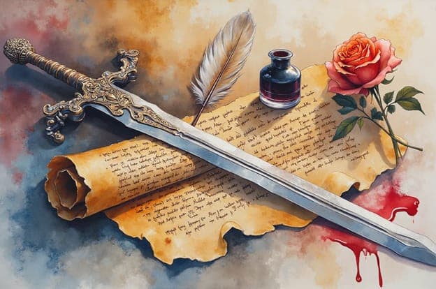 Sword Quill Ink Rose Scroll Watercolor