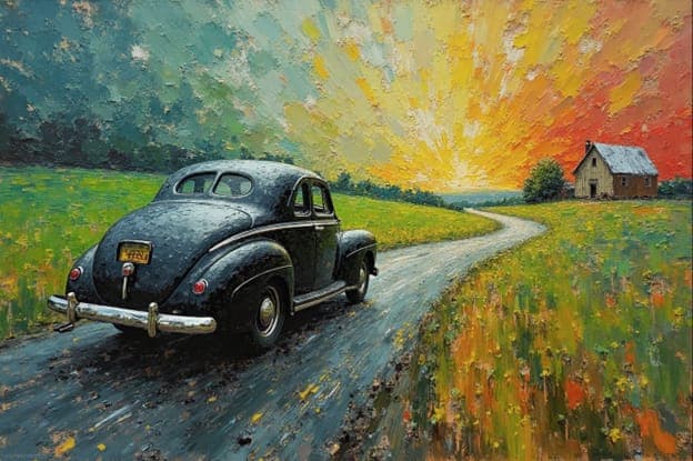 Vintage Car Country Road Sunset Farmhouse