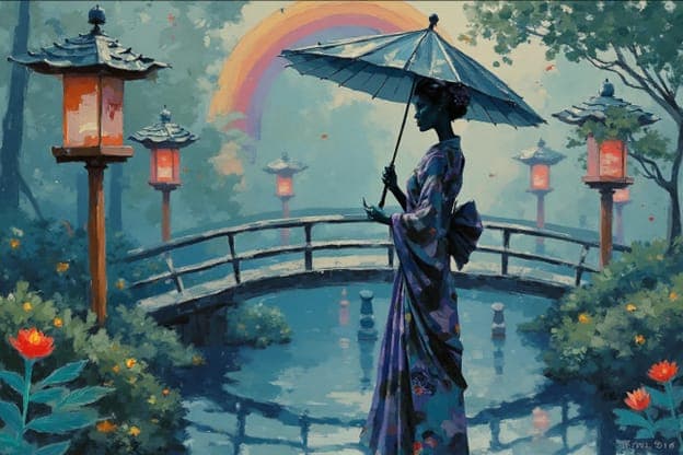 Geisha Parasol Bridge Lanterns Rainbow Garden