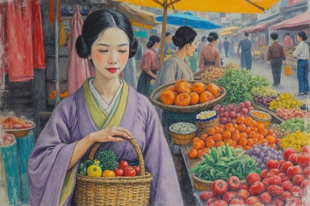 Woman Market Fruit Basket Street Umbrellas
