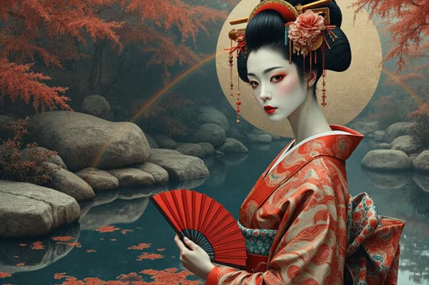 Geisha Red Fan Autumn Maple Rainbow