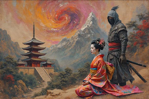 Geisha Ninja Warrior Pagoda Swirling Sky