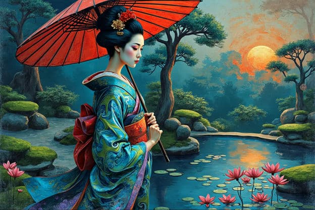 Geisha Red Umbrella Pond Lily Pads Sunset
