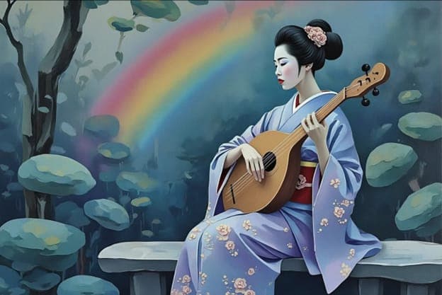 Geisha Lute Rainbow Stone Bench Foliage