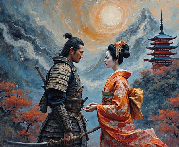 Samurai Armor Geisha Misty Mountains Pagoda