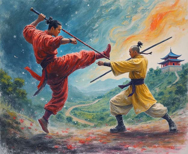 Martial Artist Flying Kick Spear Pagoda Sky