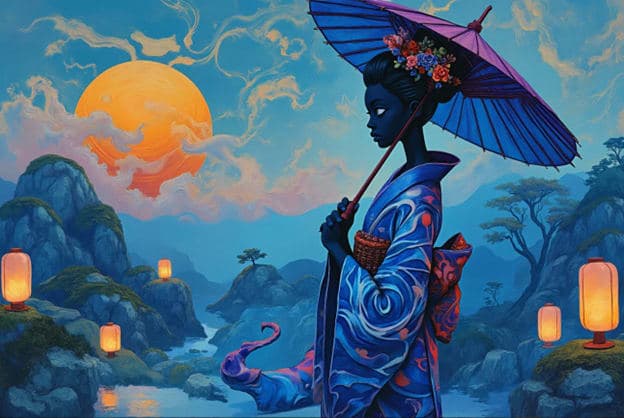 Stylized Blue Geisha Purple Umbrella Moon Mountains