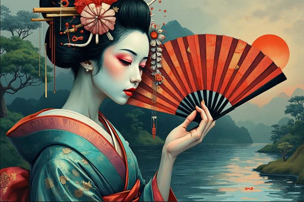 Geisha Red Fan River Mountains Sunset