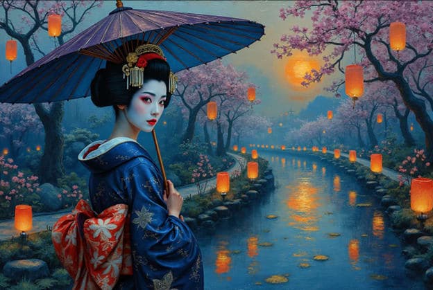 Geisha Blue Umbrella Lantern River Cherry Blossoms