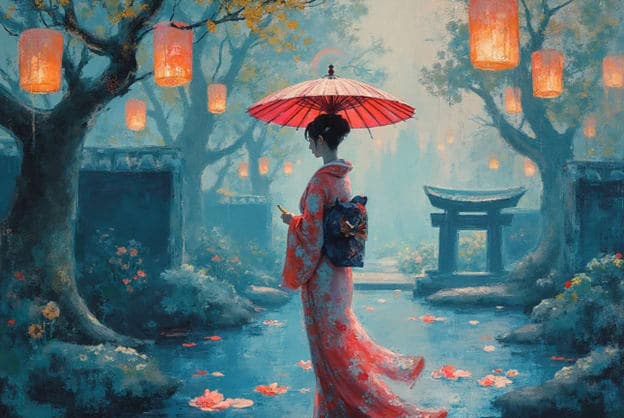 Geisha Pink Umbrella Torii Gate Lanterns Misty