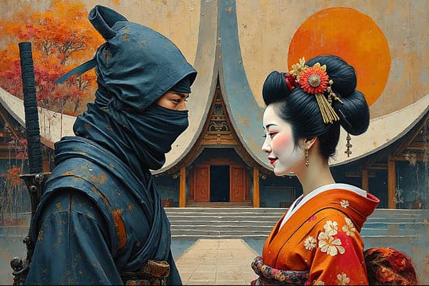 Ninja Geisha Pagoda Orange Sun Autumn