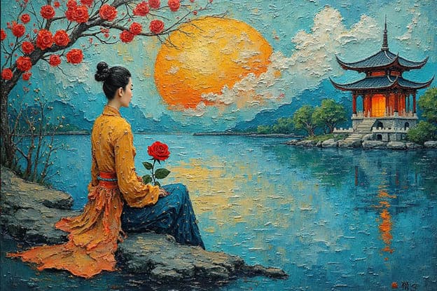 Woman Yellow Robe Rose Lakeside Pagoda Sunset