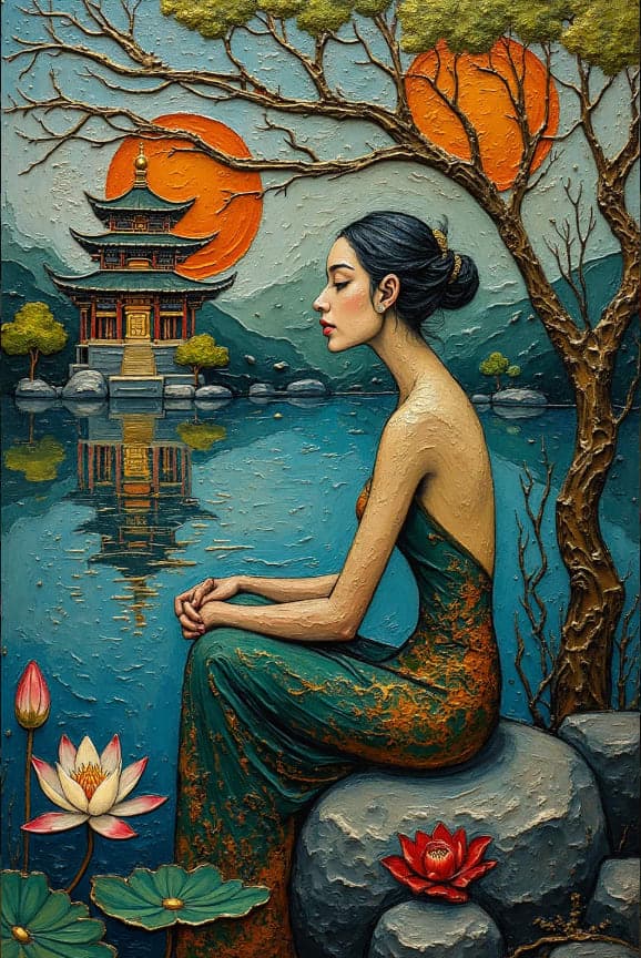 Textured Woman Green Dress Pagoda Lake Moons