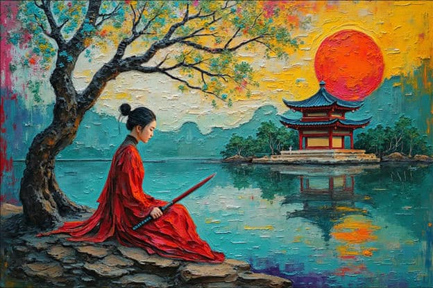 Woman Red Robe Katana Pagoda Island Red Sun