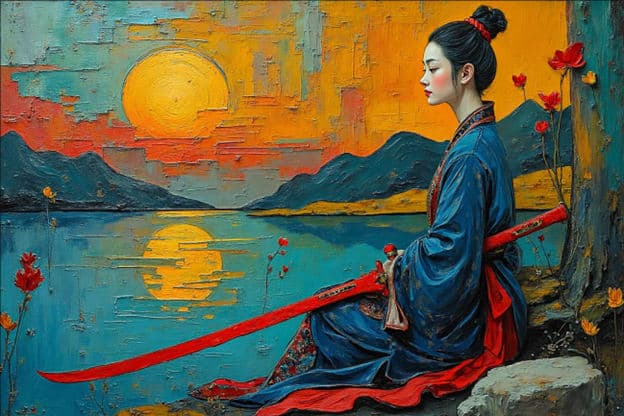 Woman Blue Robe Red Katana Mountains Sunset